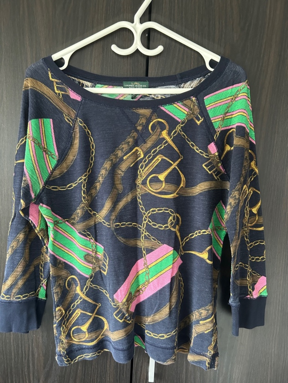 Lauren Ralph Lauren Navy Chain-Print Boatneck Top with Pink & Green Stripes